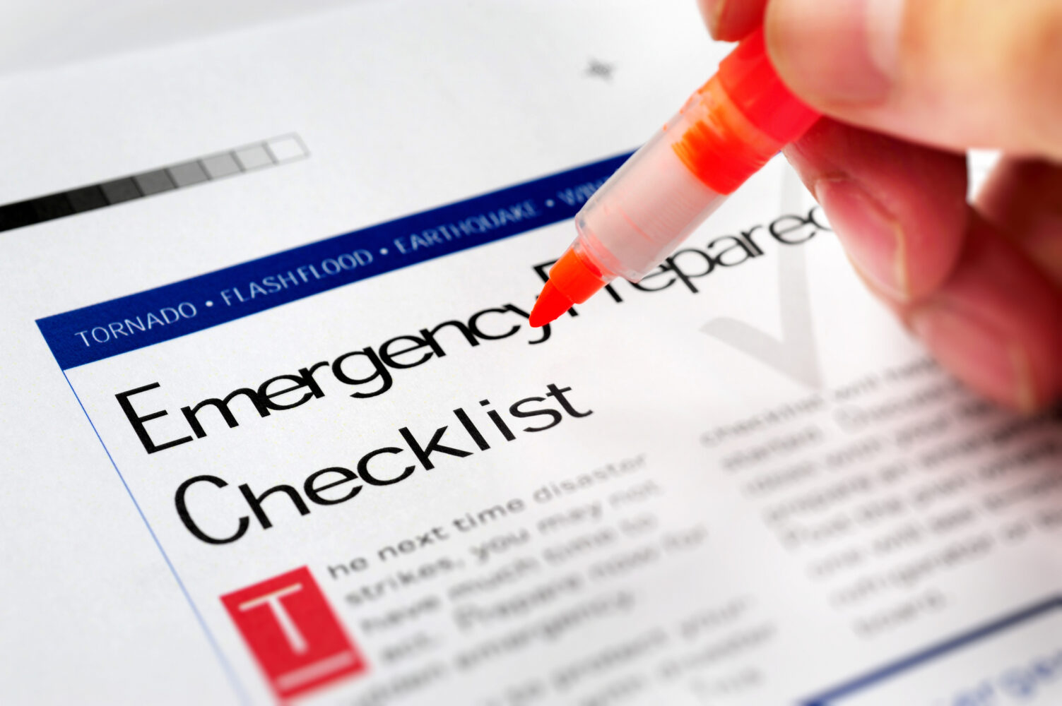 Emergency Preparedness and Response 1 Emergency checklist with a red marker